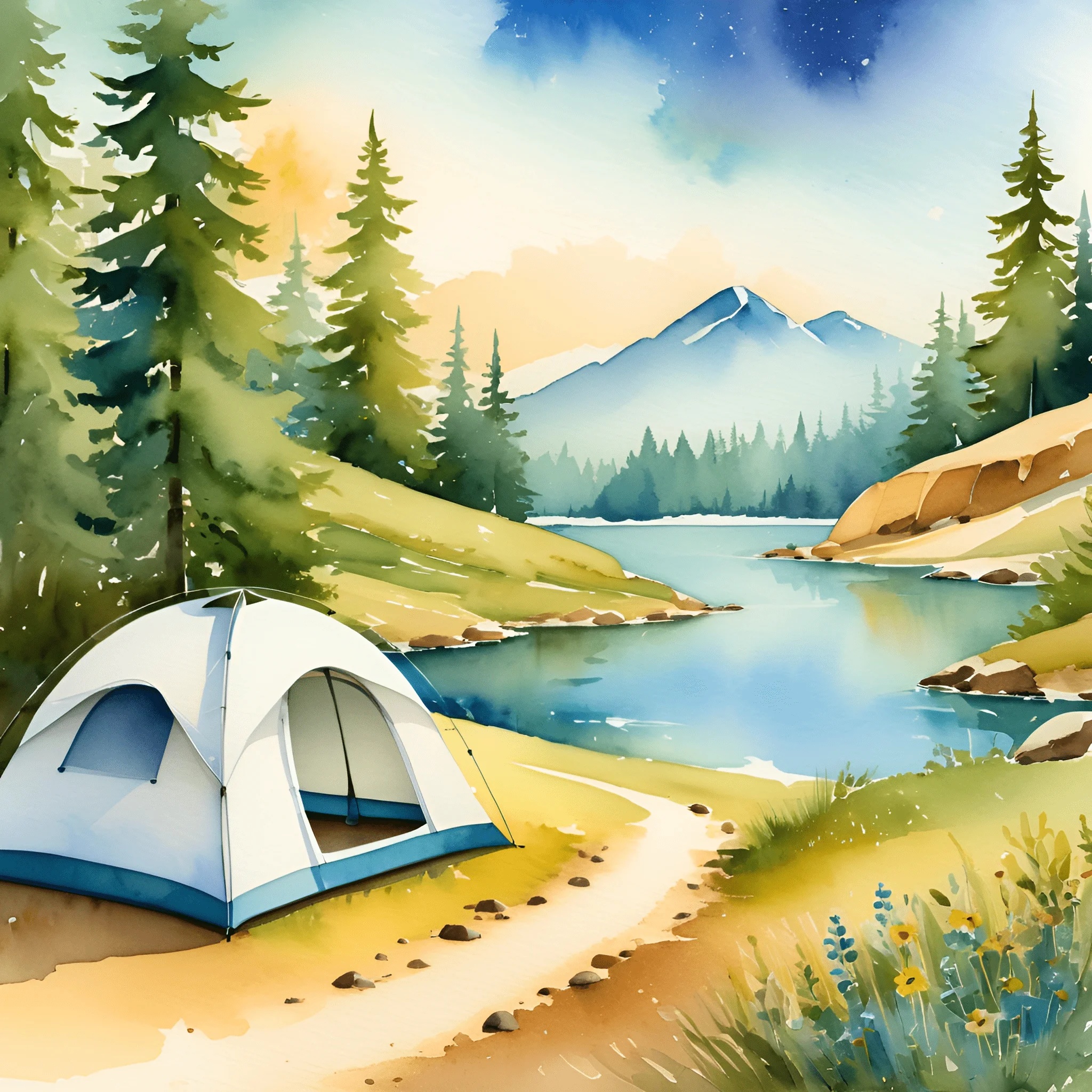 Watercolor Camping Scene by a Mountain Lake - Free Download - AI Scribbles