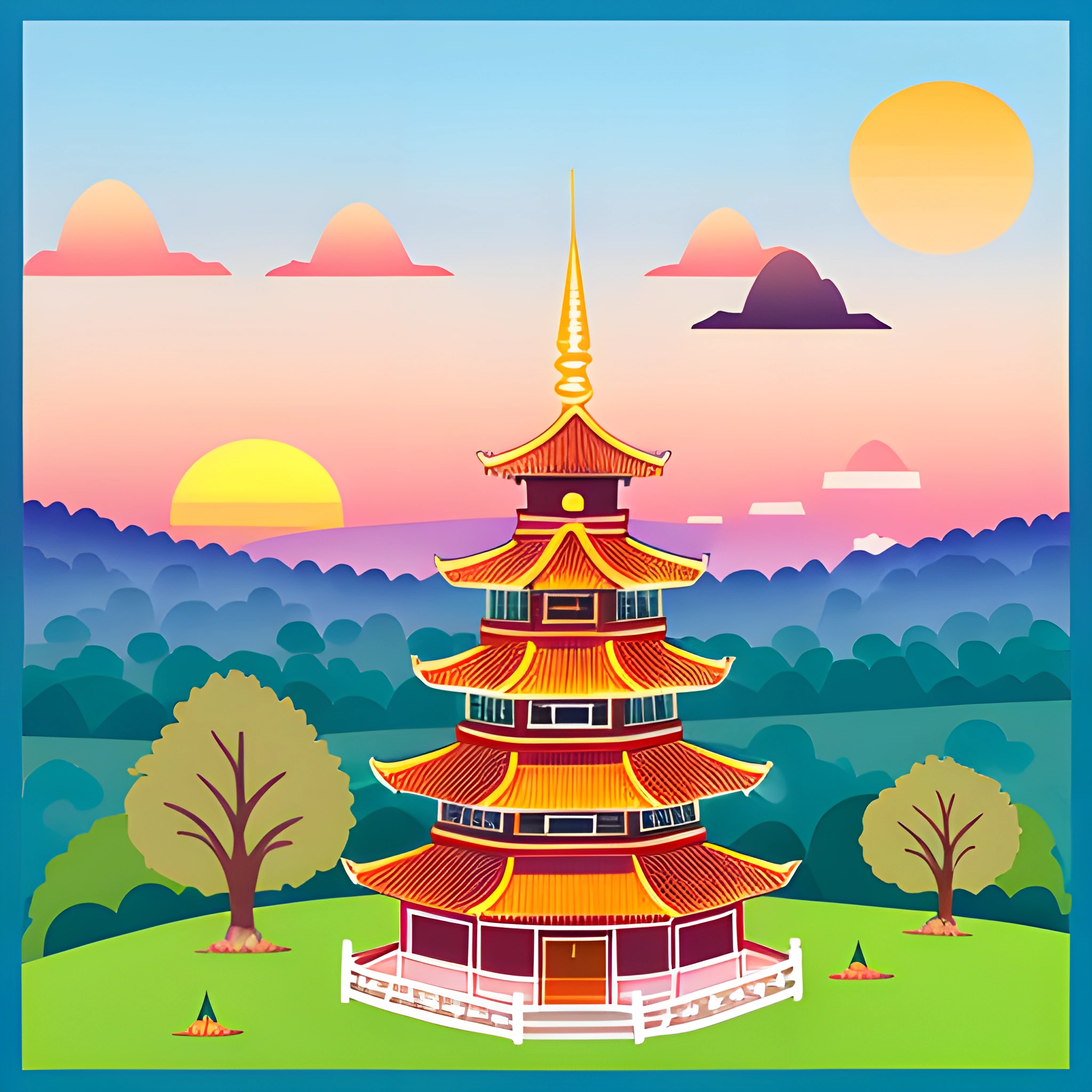 a pagoda in the middle of a field with trees