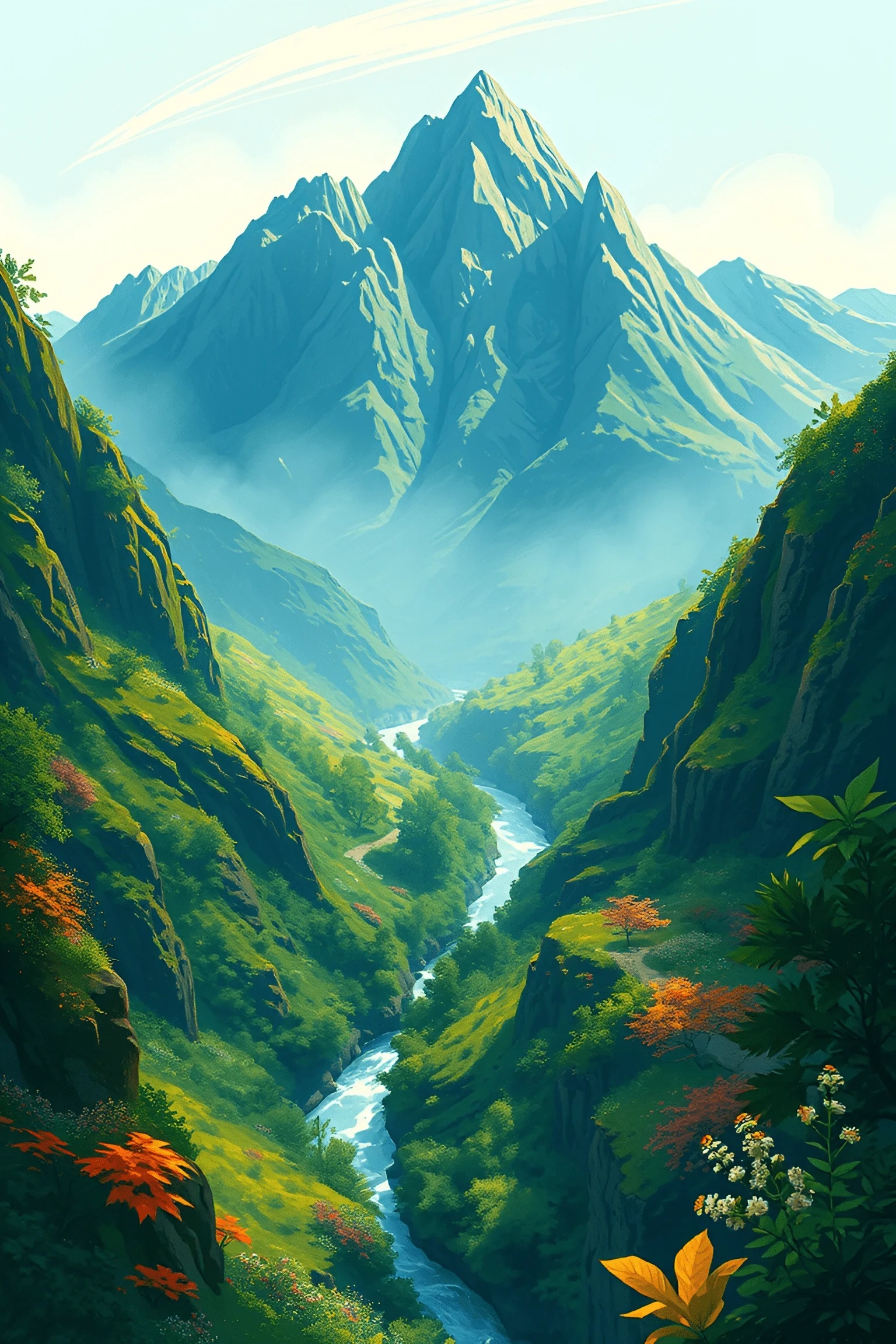 Mountain Valley with Flowing River - Free Download - AI Scribbles