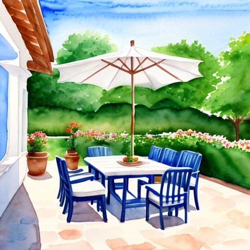 painting of a patio with a table and chairs and an umbrella