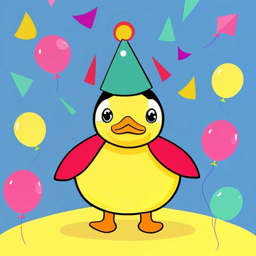 cartoon duck wearing a party hat standing on a yellow surface