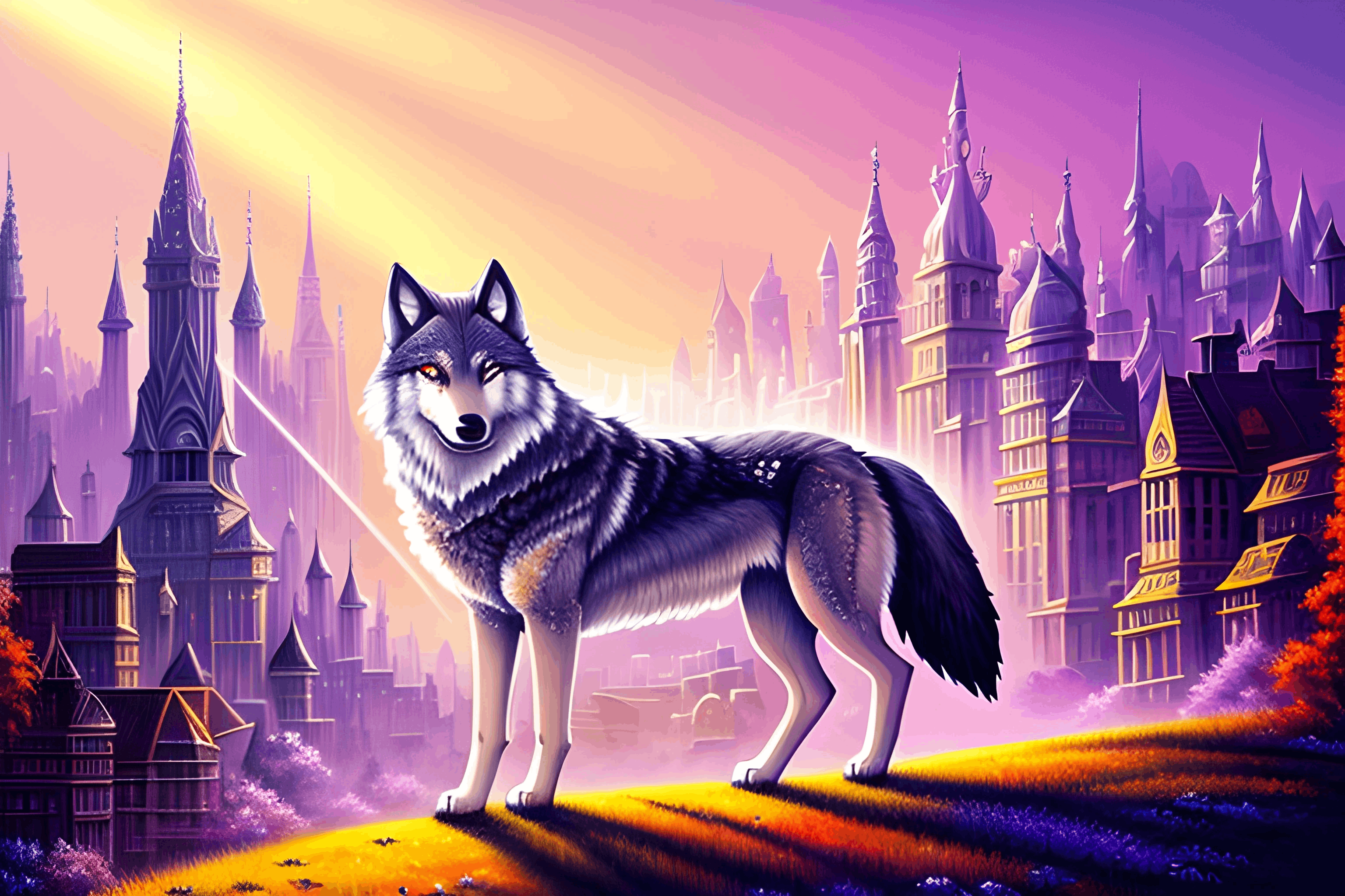 painting of a wolf standing on a hill in front of a city
