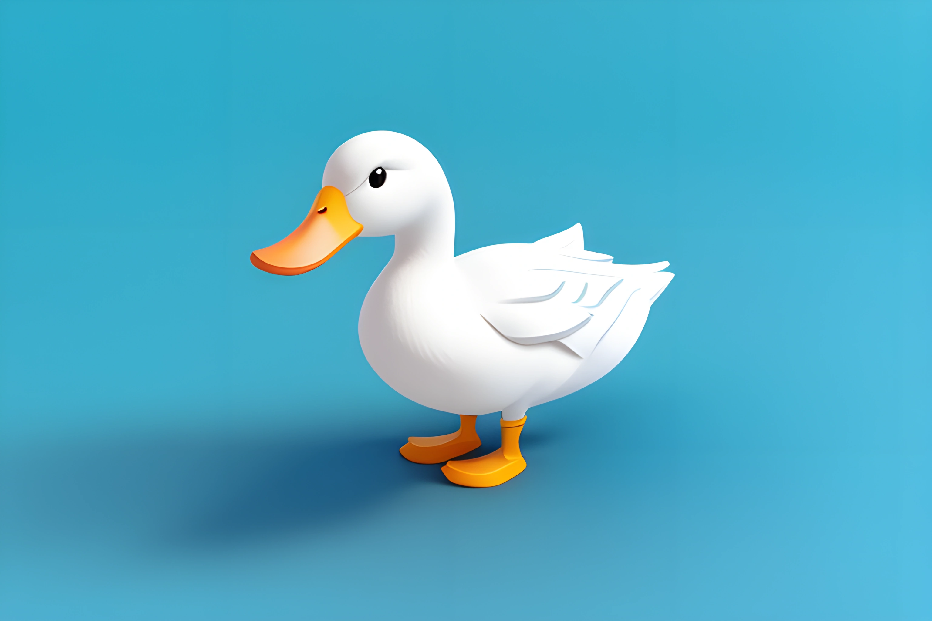 a white duck with a yellow beak standing on a blue surface