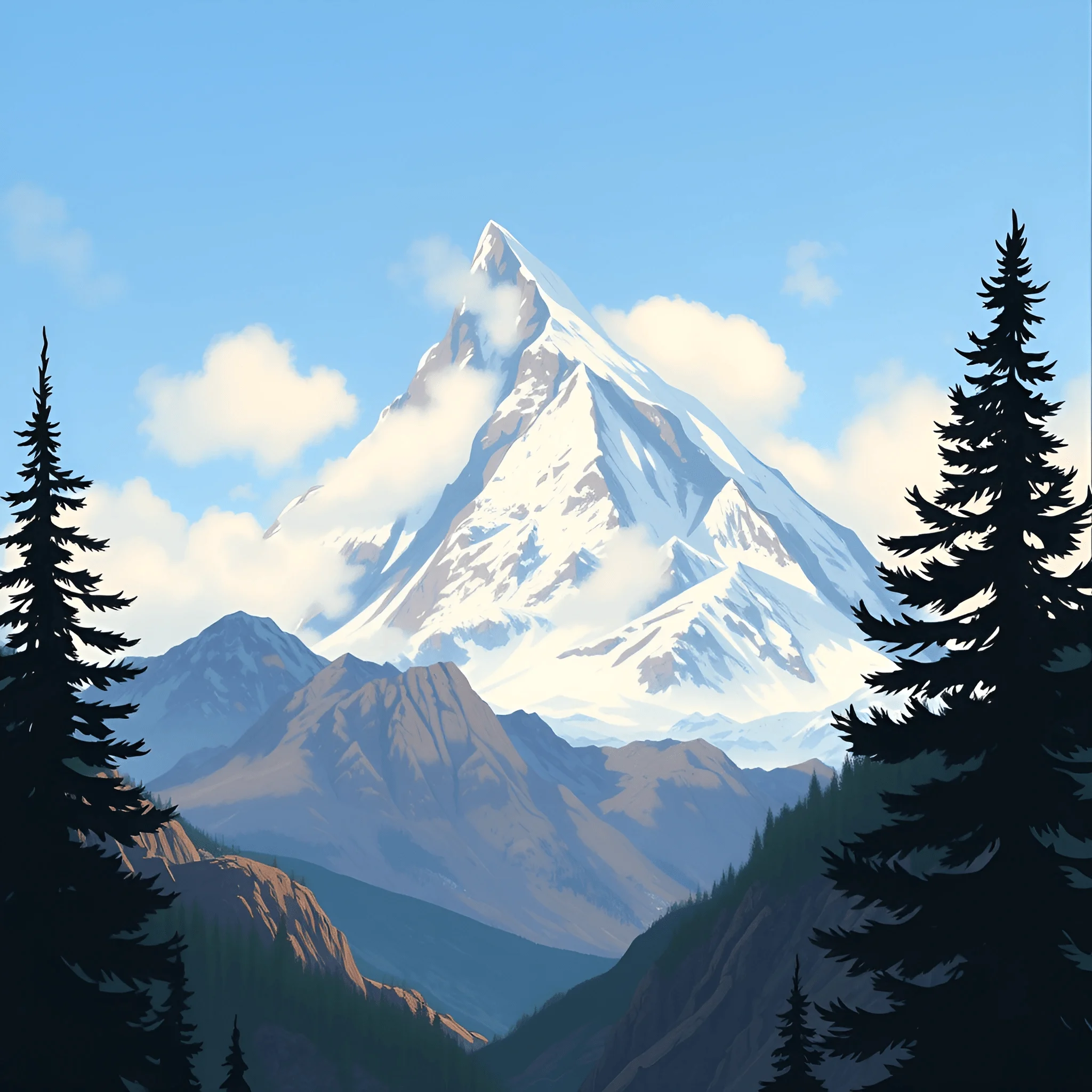 Snow-Capped Mountain Peak with Pine Trees - Free Download - AI Scribbles
