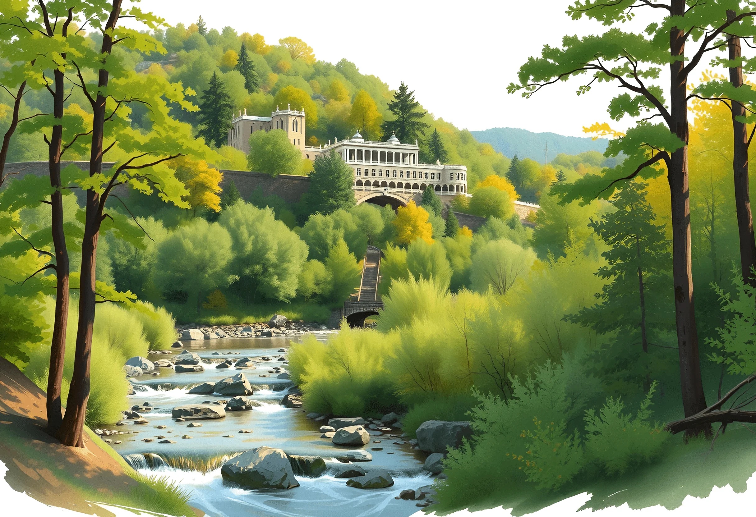 Scenic Riverbank Landscape with Historic Architecture - Free Download ...