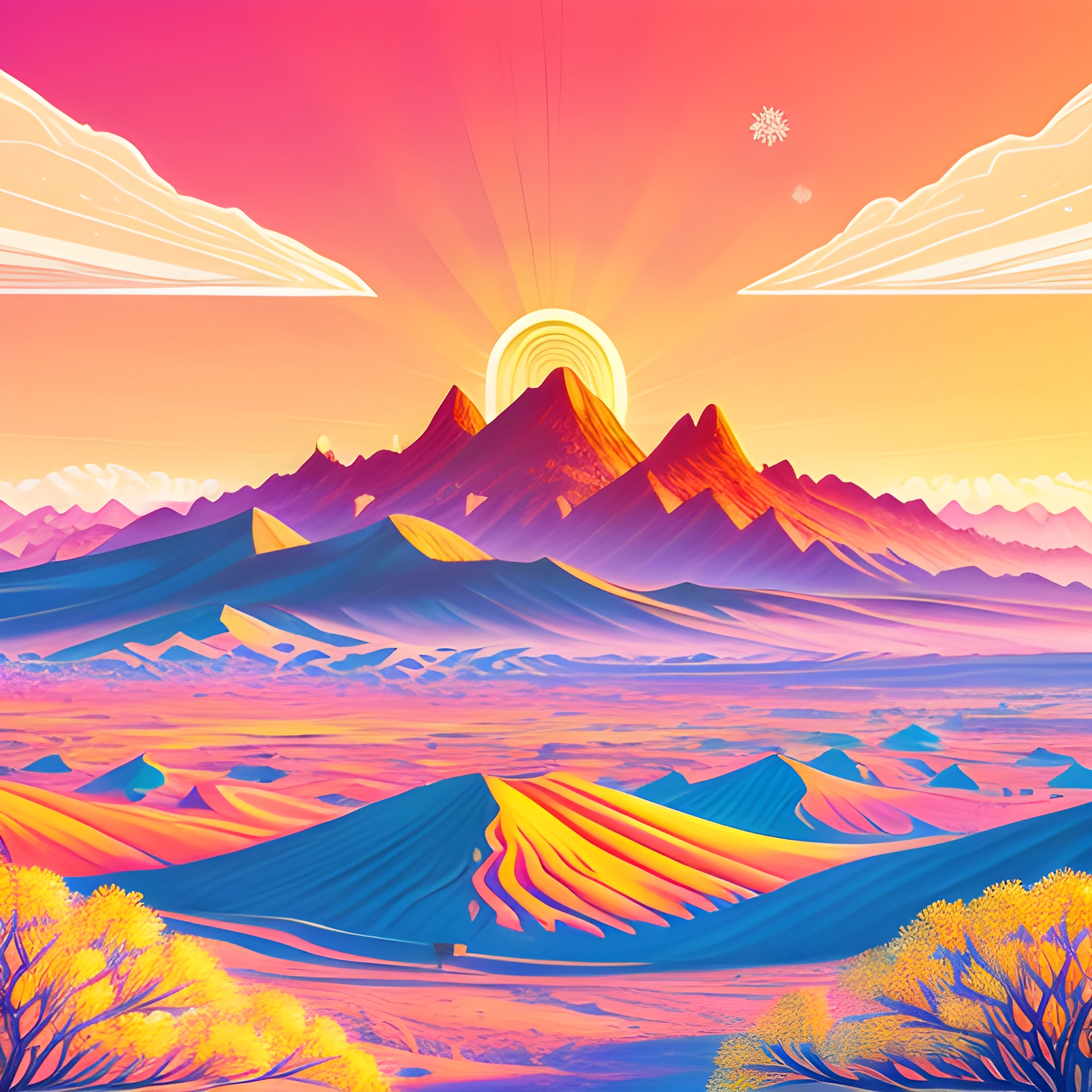 a brightly colored landscape with mountains and trees in the foreground