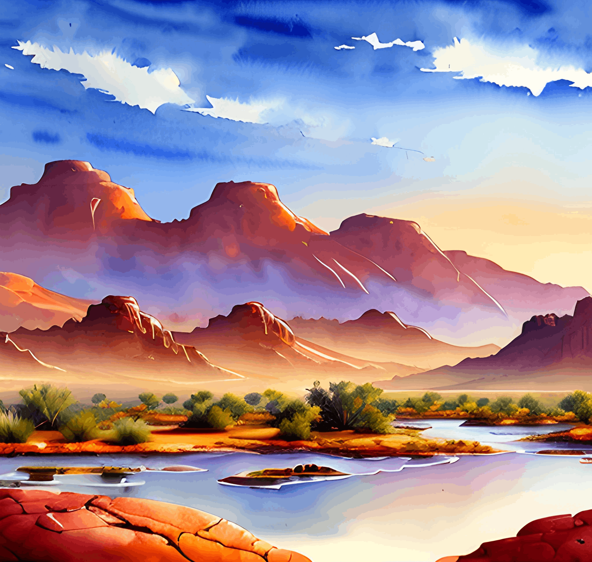 painting of a desert landscape with a river and mountains in the background
