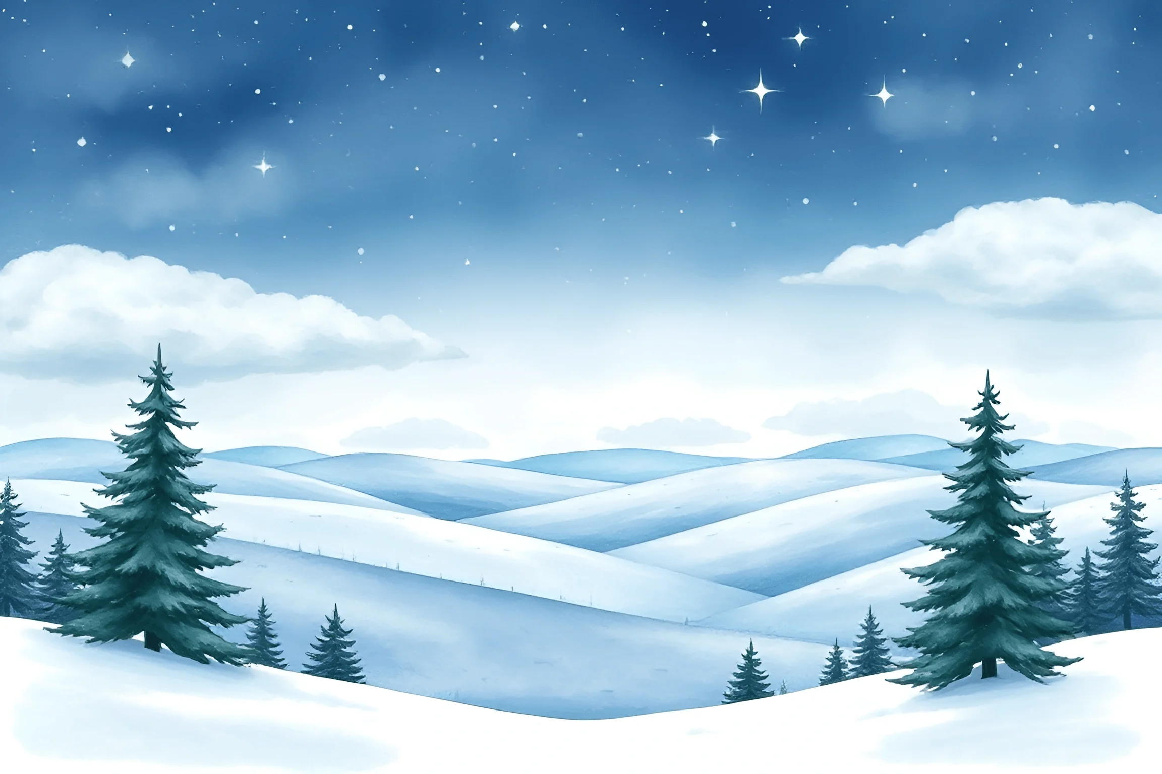 Winter Night Landscape With Snowy Hills And Pine Trees - Free Download ...
