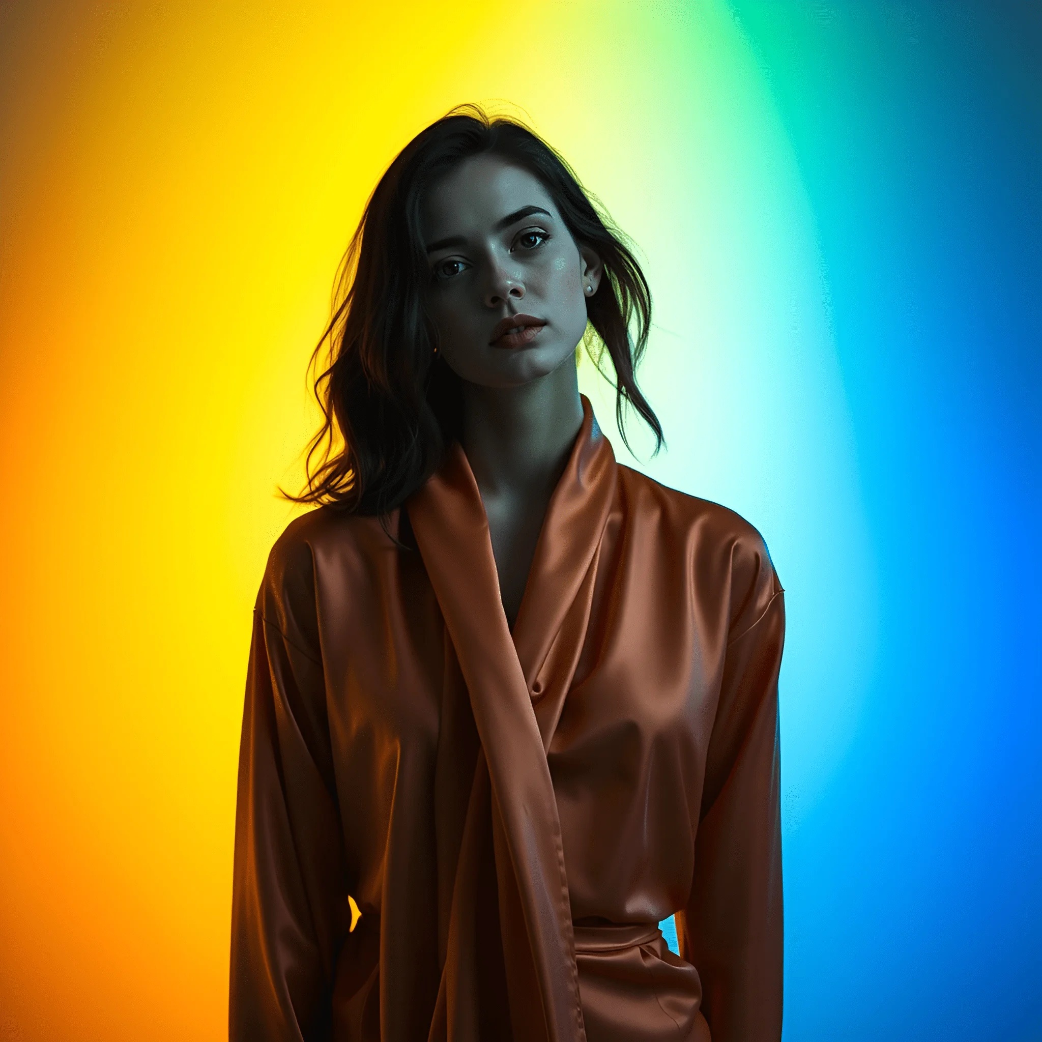 Portrait Of Woman In Satin Robe With Color Gradient Background - Free ...