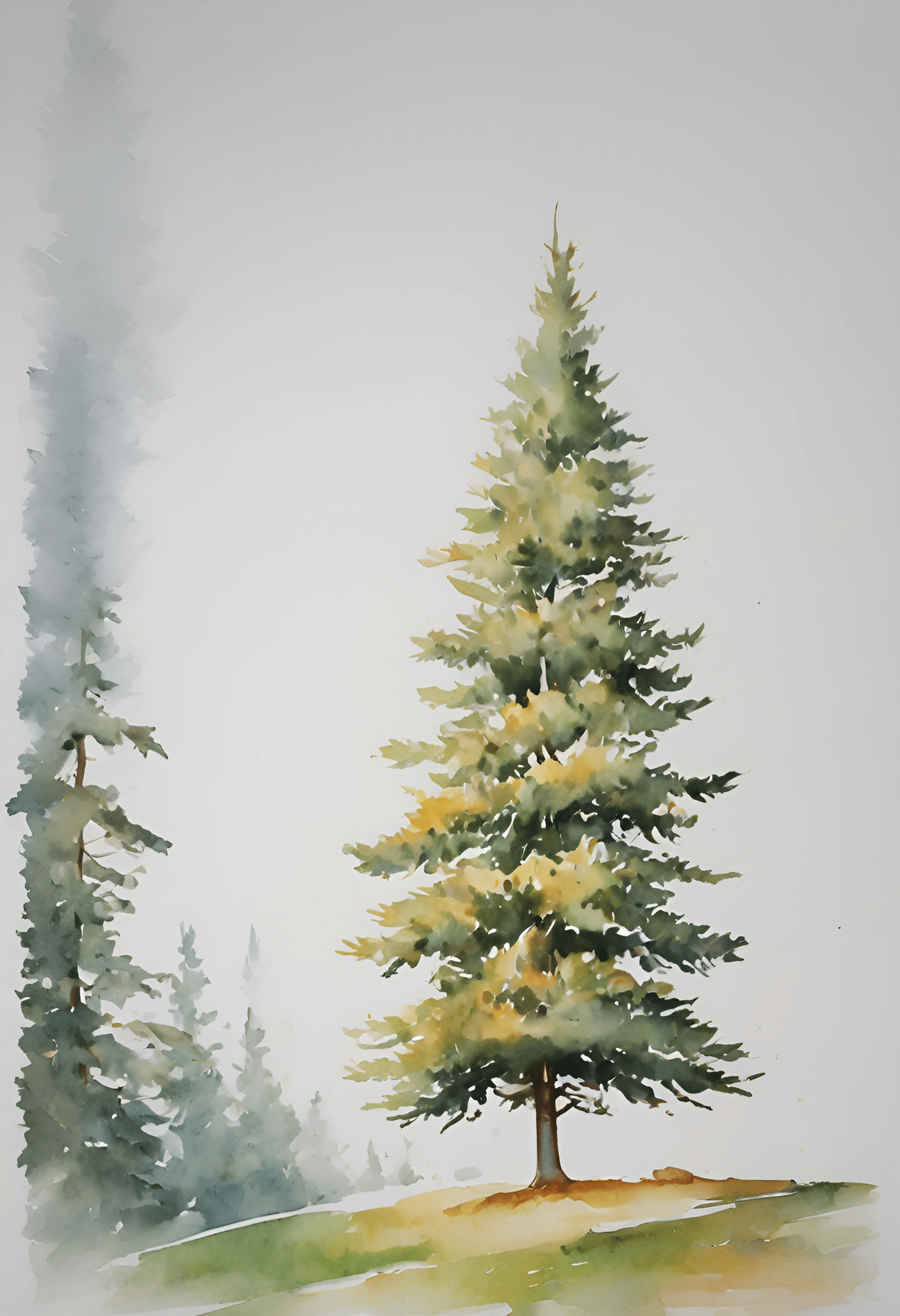 a painting of a pine tree on a hill