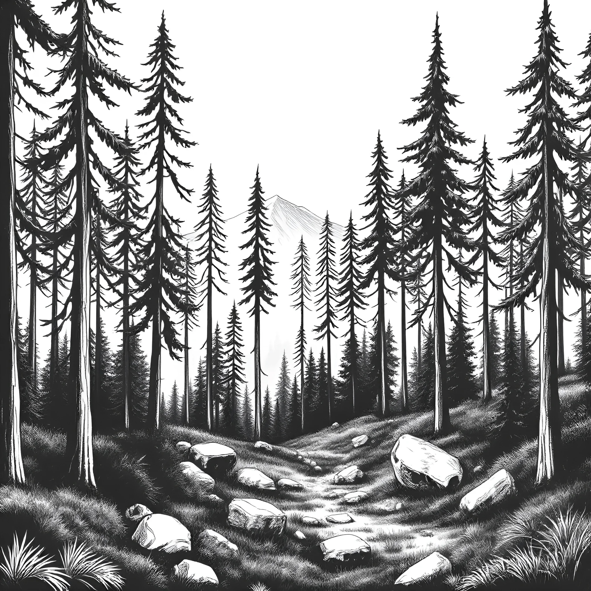 Black and White Mountain Forest Landscape Illustration - Free Download ...