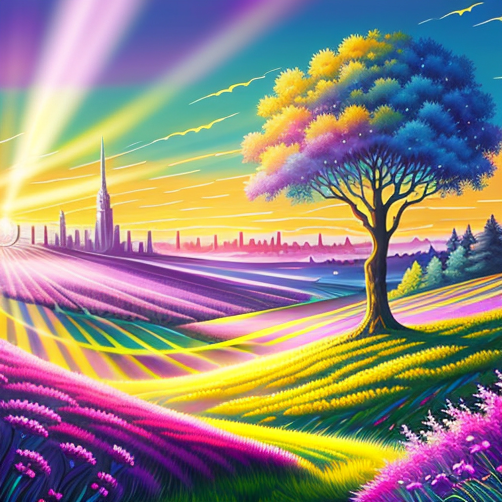 a painting of a colorful landscape with a tree and a sunset