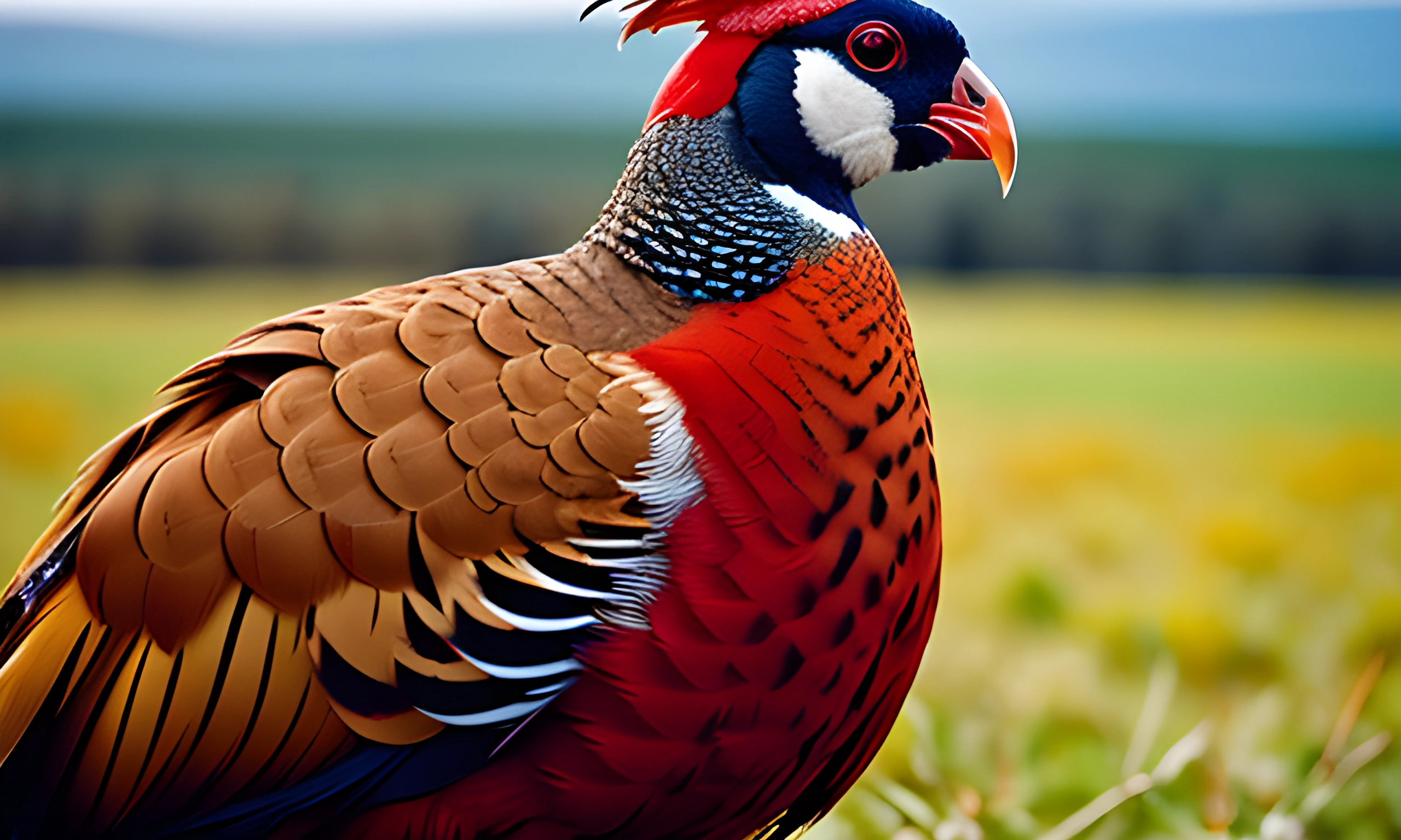 bird with a red head and blue tail standing in a field