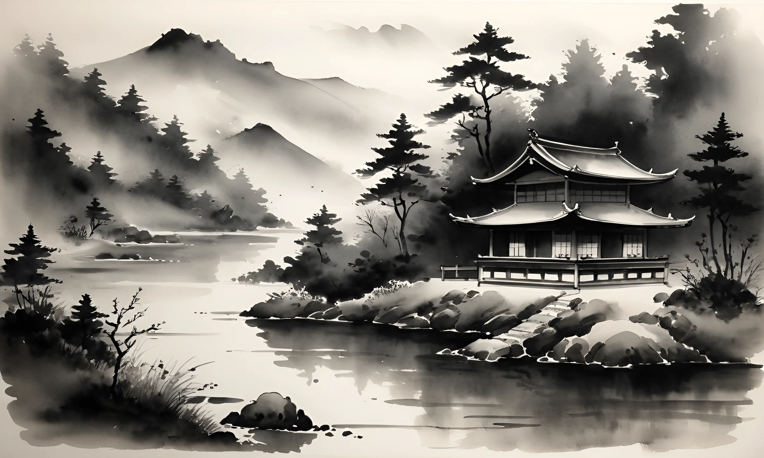 Japanese Ink Landscape with Traditional House - Free Download - AI ...