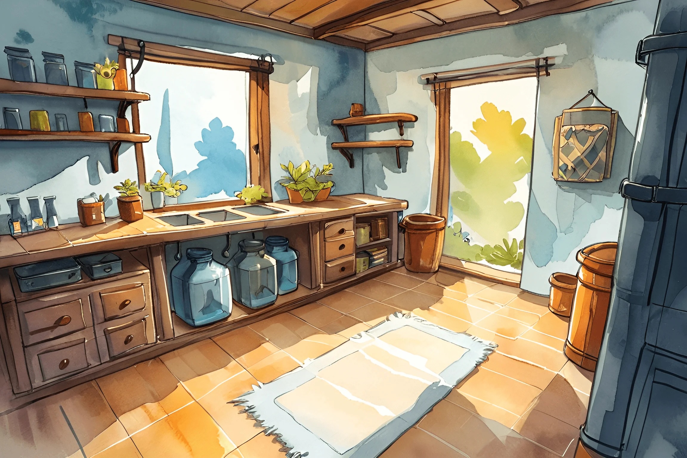 Rustic Kitchen Interior with Wooden Cabinets and Plants - Free Download ...