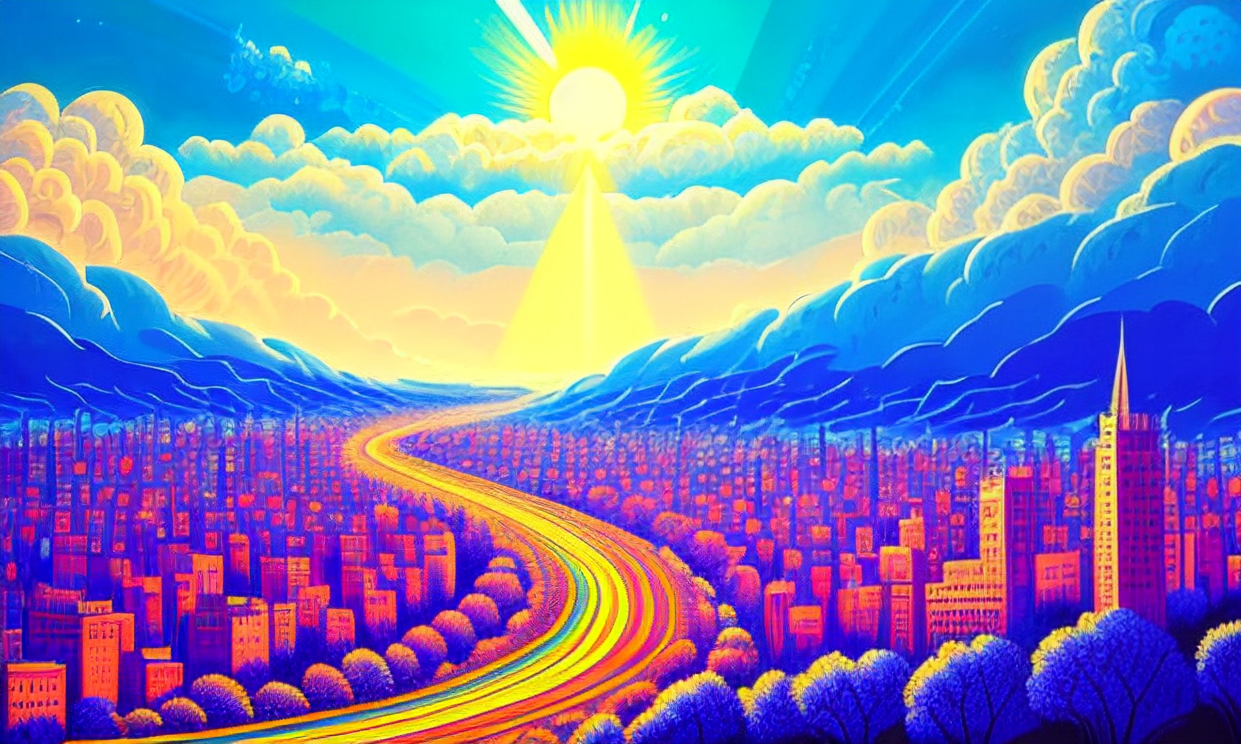a painting of a city with a rainbow colored road going through it
