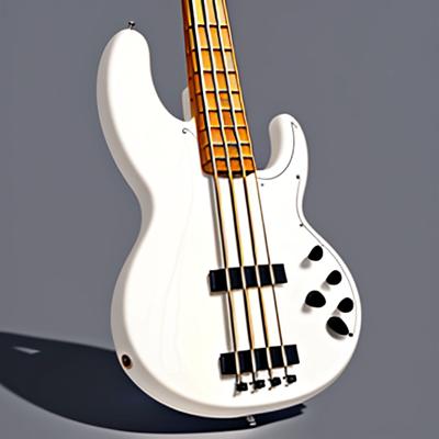 A detailed image of a white electric bass guitar against a clean background. The art style highlights the sleek design and polished finish, capturing the essence of musical instruments for SEO relevance.