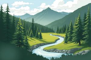 Mountain Valley with Meandering River and Pine Trees - Free Download ...