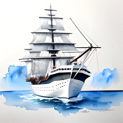 A captivating watercolor painting of a majestic sailboat at sea. This nautical artwork beautifully combines realistic details with soft, flowing watercolor techniques.