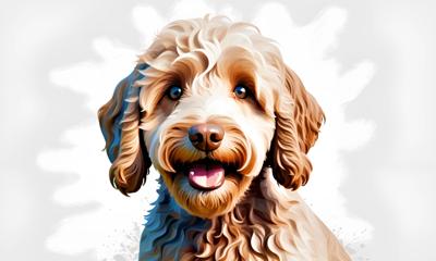 A vibrant digital illustration of a cheerful, curly-haired dog with a playful expression. This artwork showcases a detailed, modern art style suitable for pet lovers and digital art enthusiasts.