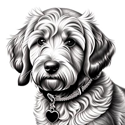 A detailed black and white drawing of a dog, showcasing fine line art techniques and realistic textures.