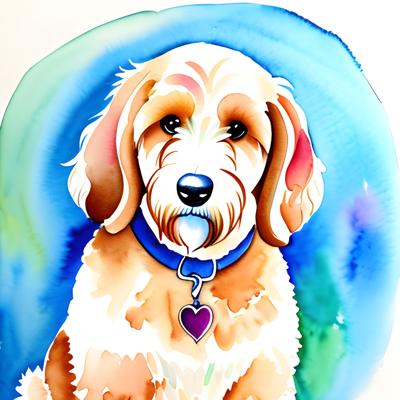 A vibrant watercolor illustration of a dog with a heart-shaped tag, showcasing detailed brushwork and vivid colors.