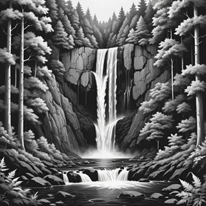Monochrome Waterfall Landscape - Free Download - AI Scribbles