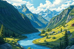 Mountain Valley With River and Pine Trees - Free Download - AI Scribbles