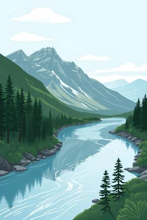 Mountain Landscape with River and Pine Trees - Free Download - AI Scribbles