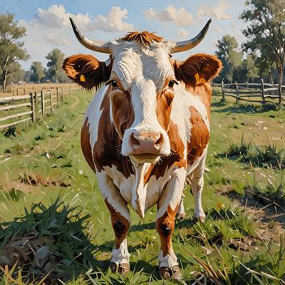 A close-up view of a brown and white cow standing in a grassy pasture under a blue sky. The image is created in a digital oil painting style, highlighting the rural and agricultural theme.
