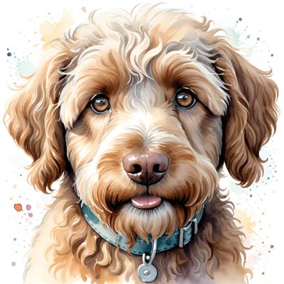 A charming watercolor painting of a cute dog with expressive eyes and curly fur. This artwork captures the playful and loving nature of the pet.