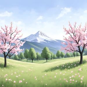 Cherry Blossom Landscape with Snow-Capped Mountain - Free Download - AI ...