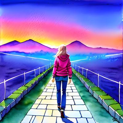 A vibrant digital painting depicting a person walking towards a colorful sunset with mountains in the background. The artwork combines vivid colors and a serene landscape, capturing the essence of tranquility and adventure.