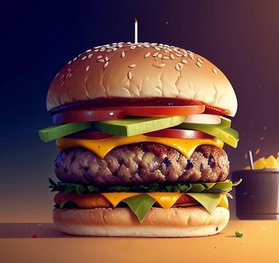 A highly detailed and realistic digital illustration of a gourmet cheeseburger with all the toppings, set against a gradient background. This image captures the essence of modern digital food art.