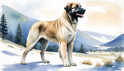 A beautiful watercolor painting depicting a majestic dog standing in a snowy mountain landscape. The art style captures the serene and natural beauty of winter wildlife artistry.