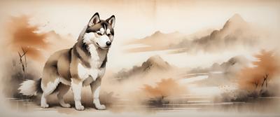 A watercolor painting of a majestic husky standing in front of a serene mountain landscape. The soft tones and detailed brushwork capture the essence of nature and wildlife.