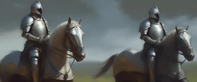 A digital painting depicting two medieval knights in full armor riding their horses across a moody landscape. The realistic art style captures the historic and chivalrous essence of the Middle Ages.