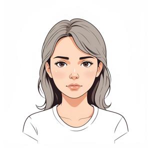 A digital illustration of a young woman with short gray hair, showcasing a minimalist and clean art style.