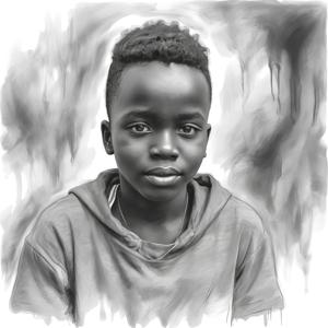 A black and white sketch of a young boy with a solemn expression, featured in a photorealistic art style. The artwork showcases intricate details and shading techniques.