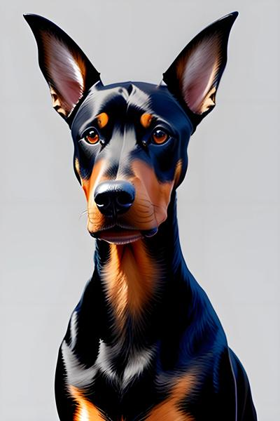 Digital art portrait of a Doberman Pinscher dog showcasing its majestic and attentive demeanor. The medium emphasizes the sleek and glossy texture of the dog's coat, highlighting the breed's noble appearance.