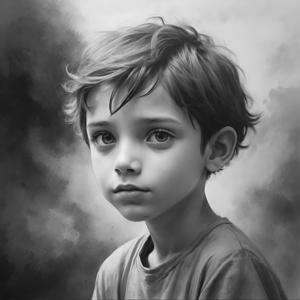 This emotionally evocative black and white digital painting features a young boy with detailed, realistic expressions and soft, natural lighting.