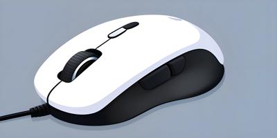 A sleek white and black modern wired computer mouse, designed with ergonomic features, depicted in a digital illustration style. This image highlights the mouse's clean design and functional buttons suitable for gaming or office use.