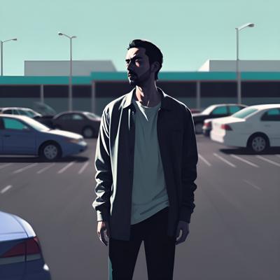 Digital illustration of a solitary man standing in a sun-drenched parking lot, exuding a sense of introspection and solitude. The image combines realistic and stylized elements to capture a modern, contemplative moment.