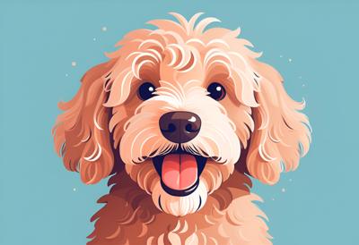 A cheerful, cartoon-styled illustration of a happy, fluffy dog against a blue background. The digital art captures the playful and adorable nature of the dog, making it perfect for pet lovers.