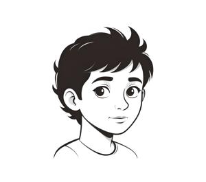 A black and white vector illustration of a young boy with expressive eyes and tousled hair, depicting a digital art style.