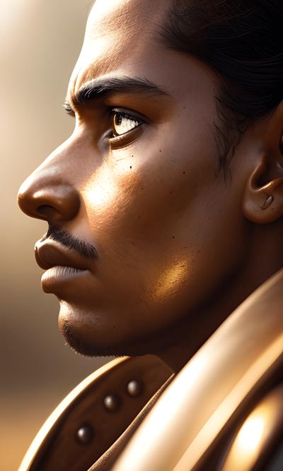 A highly detailed digital portrait of a determined individual with dramatic lighting and a focus on realism. The intense expression and golden hues enhance the captivating and artistic quality of the image.