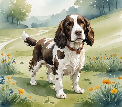 A vibrant watercolor painting of a Springer Spaniel puppy standing in a lush countryside field with blooming wildflowers and green hills in the background. This artwork beautifully captures the essence of nature and the playfulness of the puppy.