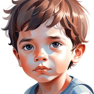 A digitally rendered, realistic portrait of a young boy with expressive eyes and tousled brown hair, showcasing expert use of light and shadow.