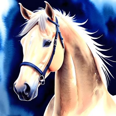 A beautifully rendered watercolor painting of a horse with a blue background, showcasing intricate details and vibrant colors.