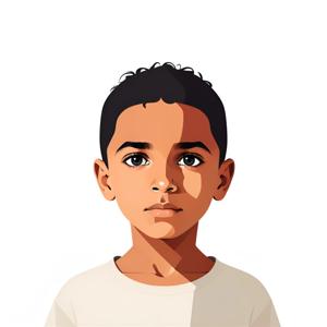 A digital illustration of a young boy with a neutral expression, featuring a modern and minimalistic art style. The image is characterized by its clean lines and subtle shading.